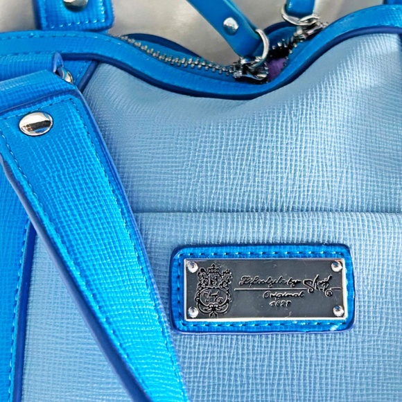 SATCHEL, LEATHER, BLUE WITH MULTICOLOUR FLORAL, TOP DOUBLE ZIP CLOSURE, TWO - Picture 4 of 16